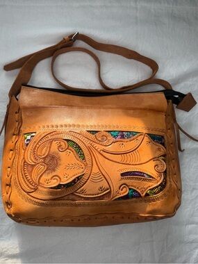 Hand-Tooled Leather Crossbody Bag in Tan